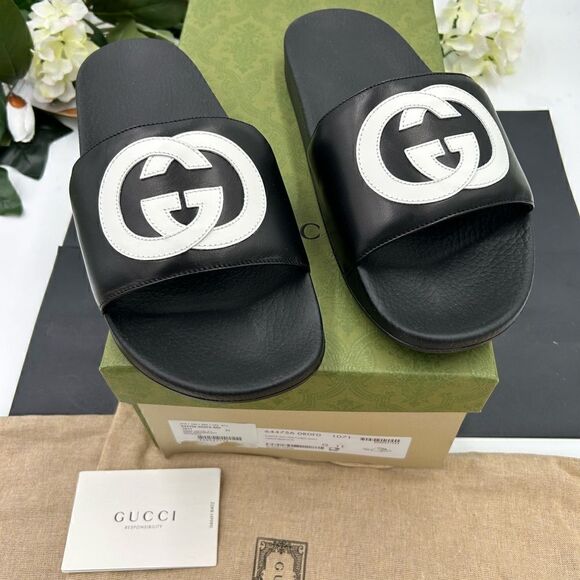 SOLD!!!!!    Gucci  leather/rubber pool, slides size 11, made in Italy - Picture 1 of 9
